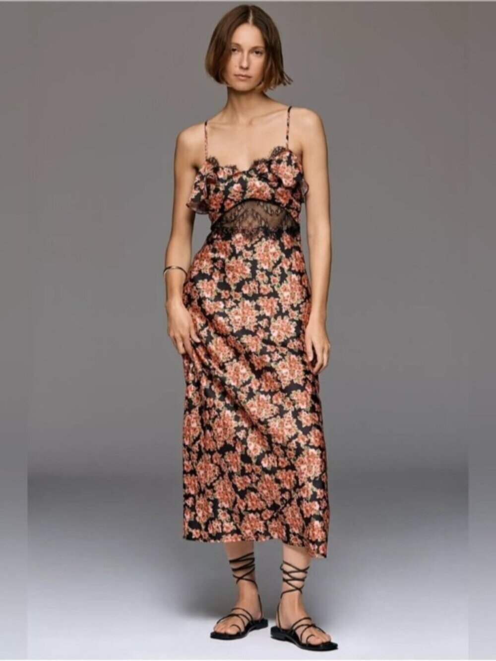Anthropologie Black Slip Midi Dress with Peach Floral Print
